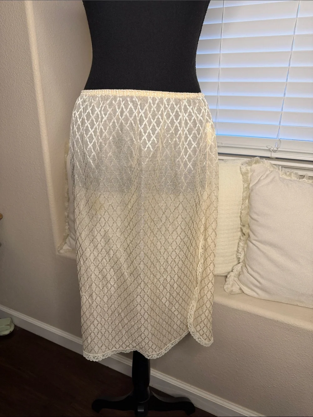 Vintage 80s Undercover Wear Sheer Lace Half Slip Champagne Lingerie Side Slit